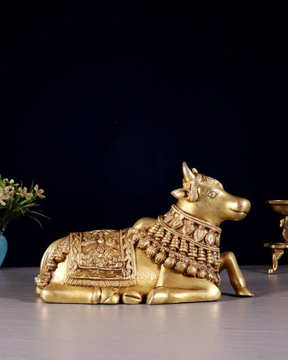 Pure Brass Engraved Nandi Statue – 10" butter gold - Budhshiv.com
