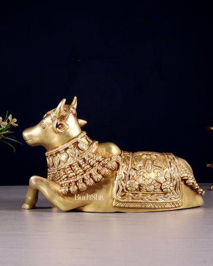 Pure Brass Engraved Nandi Statue – 10" butter gold - Budhshiv.com