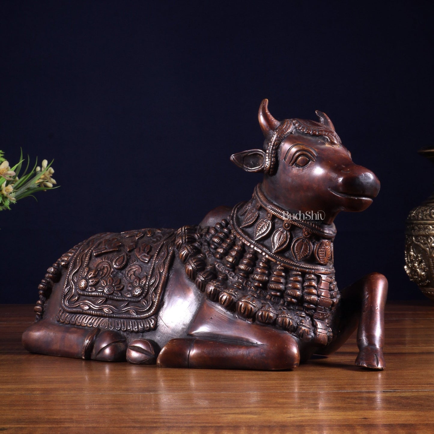 Pure Brass Engraved Nandi Statue – 10" Dark brown - Budhshiv.com