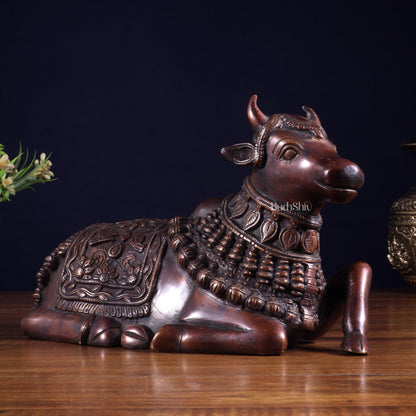 Pure Brass Engraved Nandi Statue – 10" Dark brown - Budhshiv.com