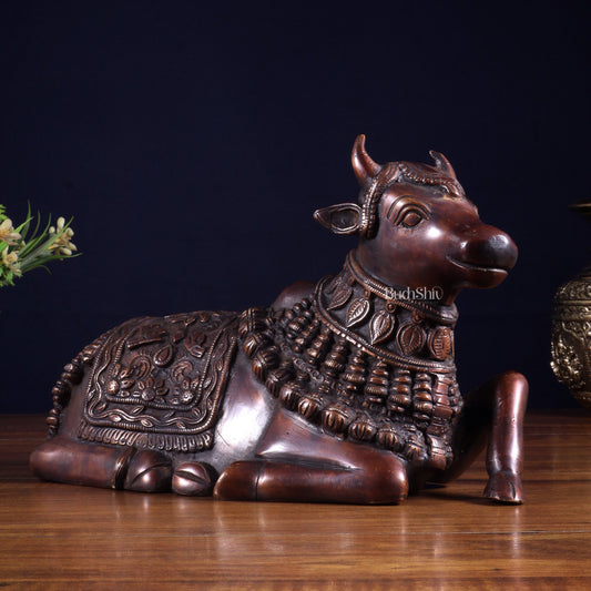 Pure Brass Engraved Nandi Statue – 10" Dark brown - Budhshiv.com