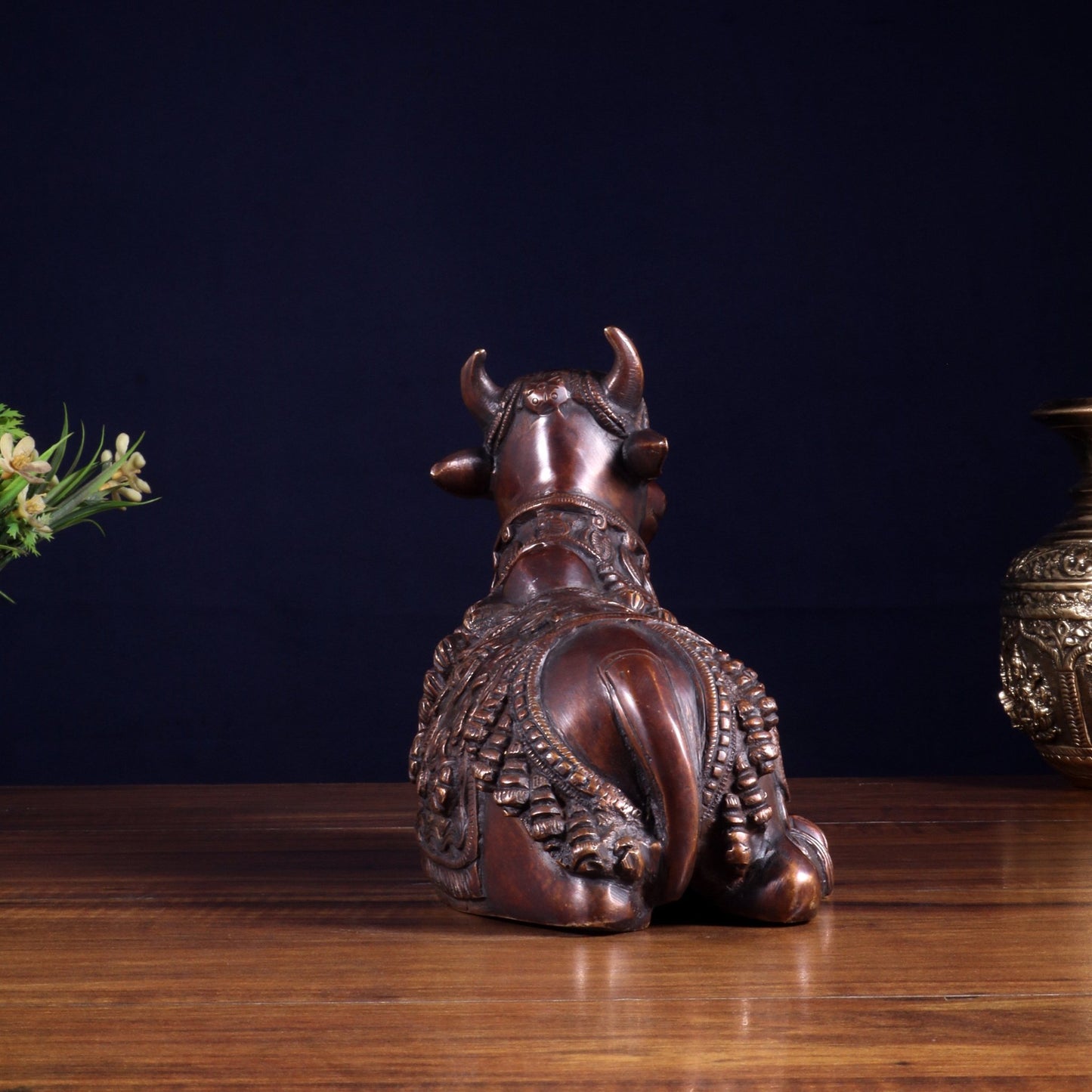 Pure Brass Engraved Nandi Statue – 10" Dark brown - Budhshiv.com
