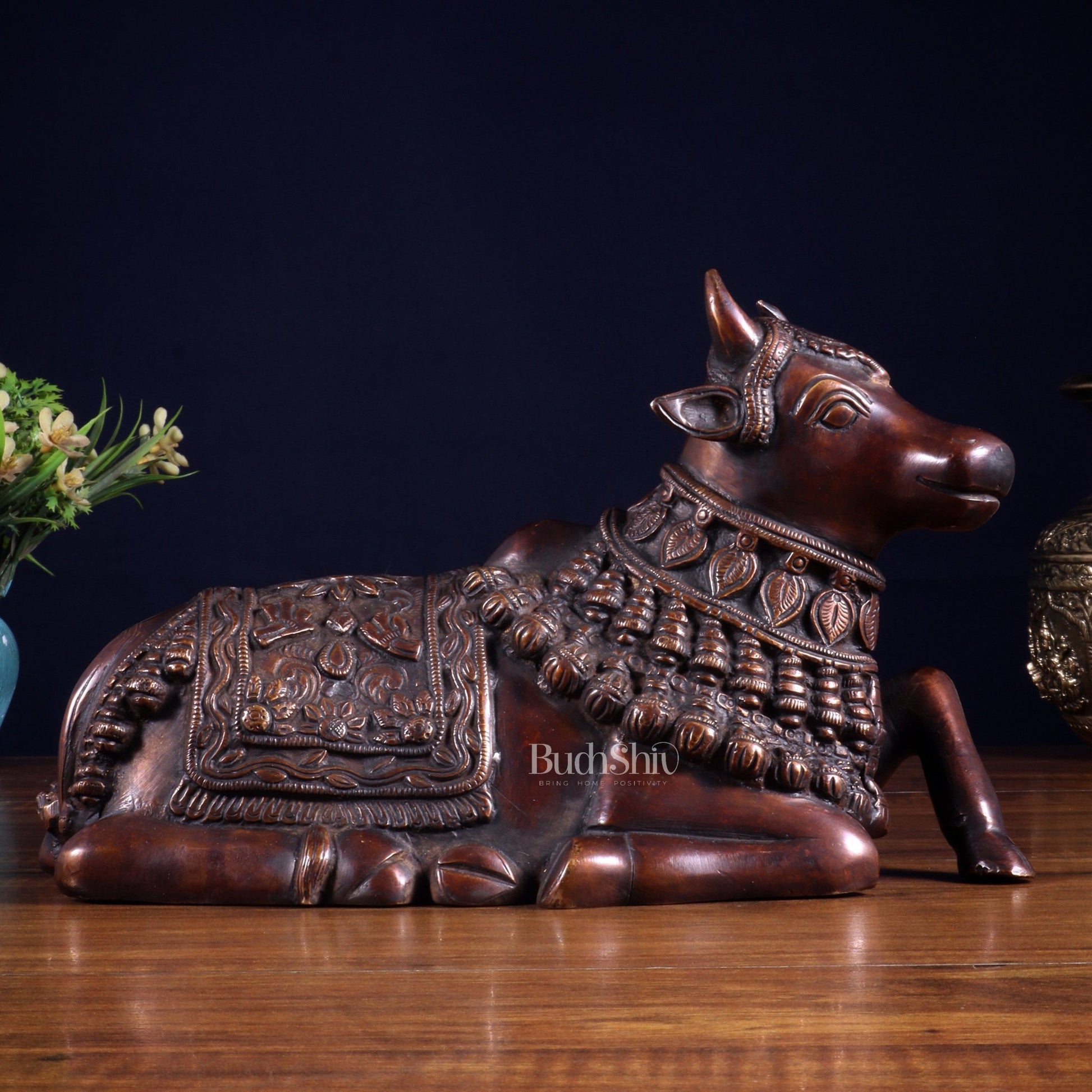 Pure Brass Engraved Nandi Statue – 10" Dark brown - Budhshiv.com