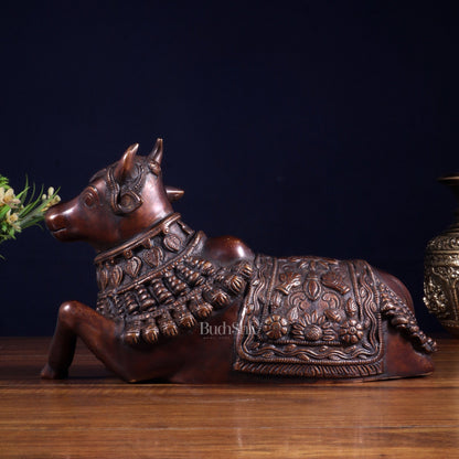 Pure Brass Engraved Nandi Statue – 10" Dark brown - Budhshiv.com