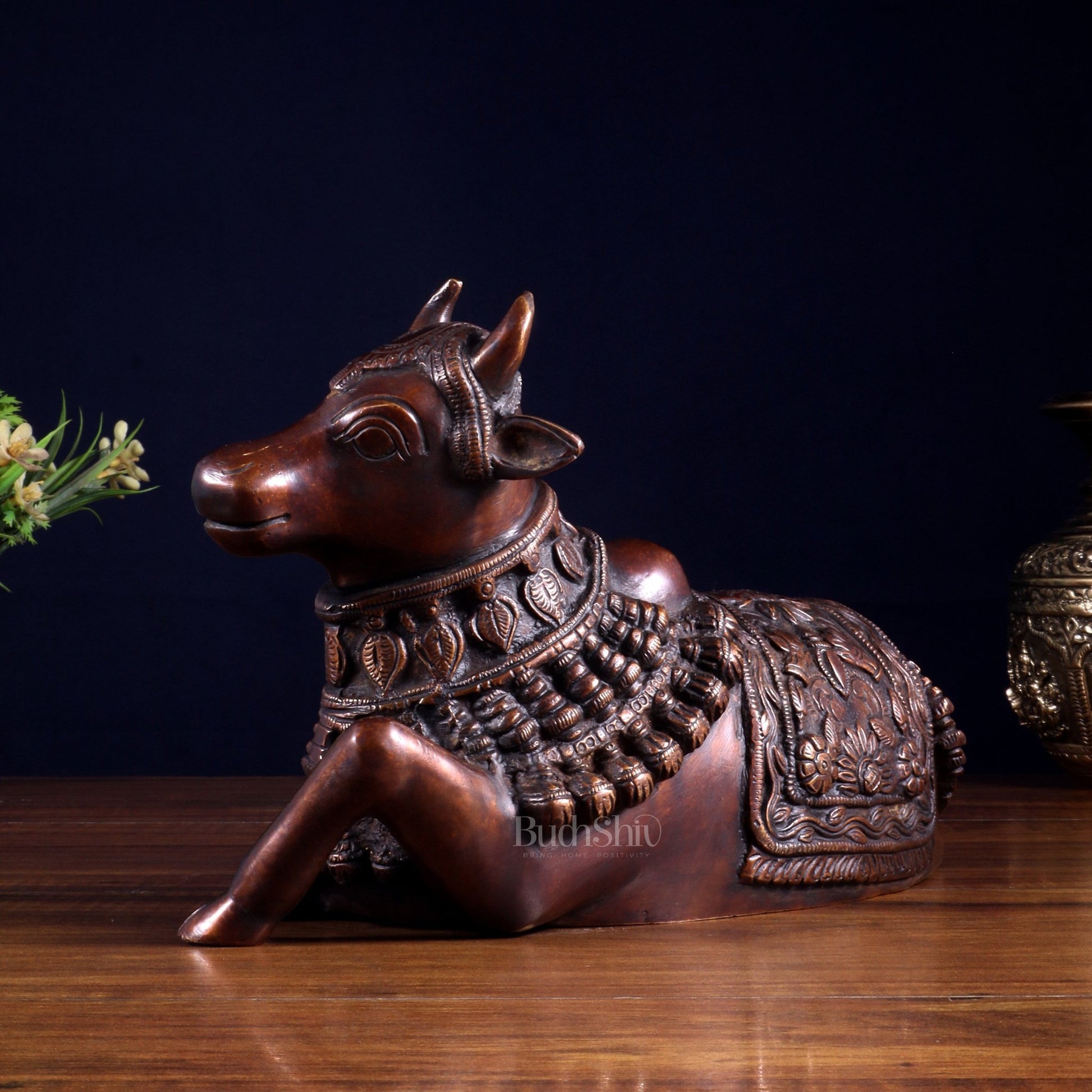 Pure Brass Engraved Nandi Statue – 10" Dark brown - Budhshiv.com