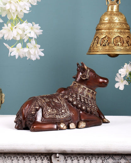 Pure Brass Engraved Nandi Statue – 10" glossy dual tone - Budhshiv.com