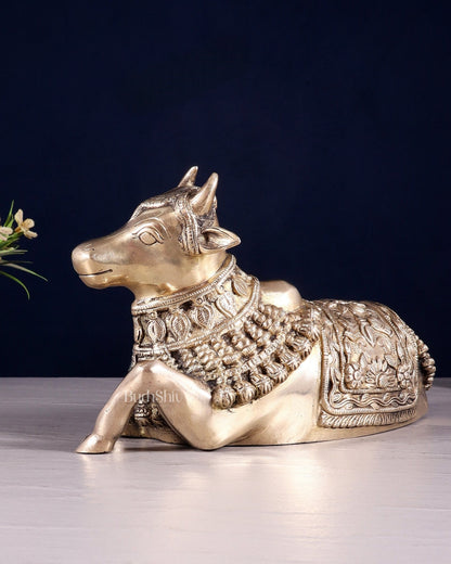 Pure Brass Engraved Nandi Statue – 10" Glossy - Budhshiv.com