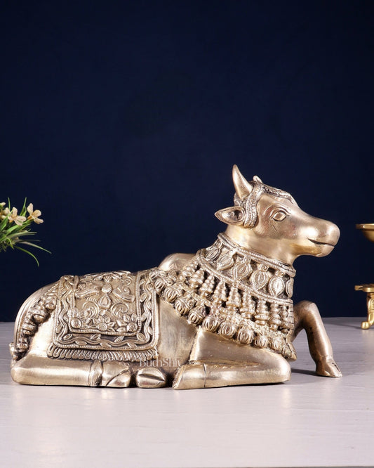Pure Brass Engraved Nandi Statue – 10" Glossy - Budhshiv.com