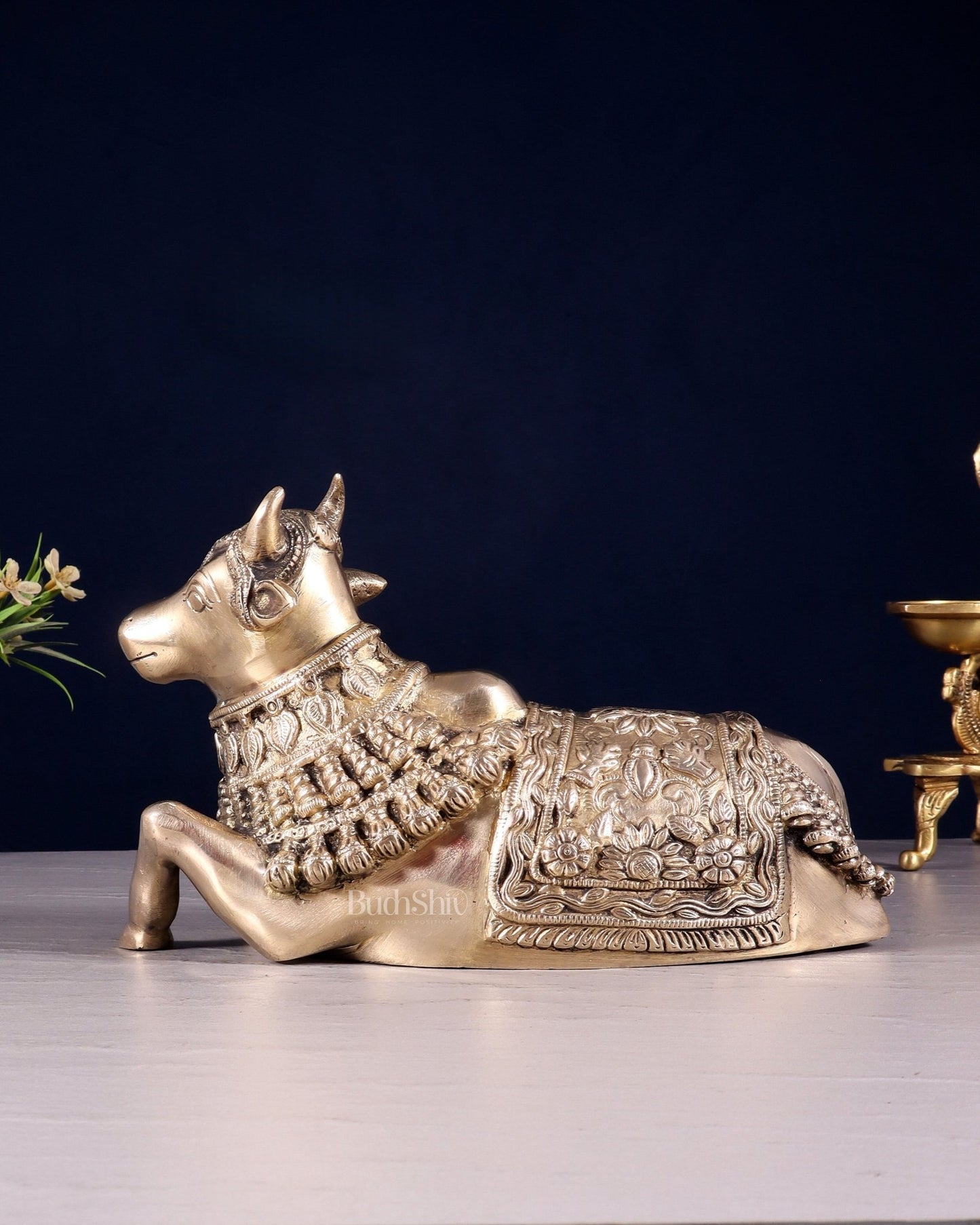 Pure Brass Engraved Nandi Statue – 10" Glossy - Budhshiv.com