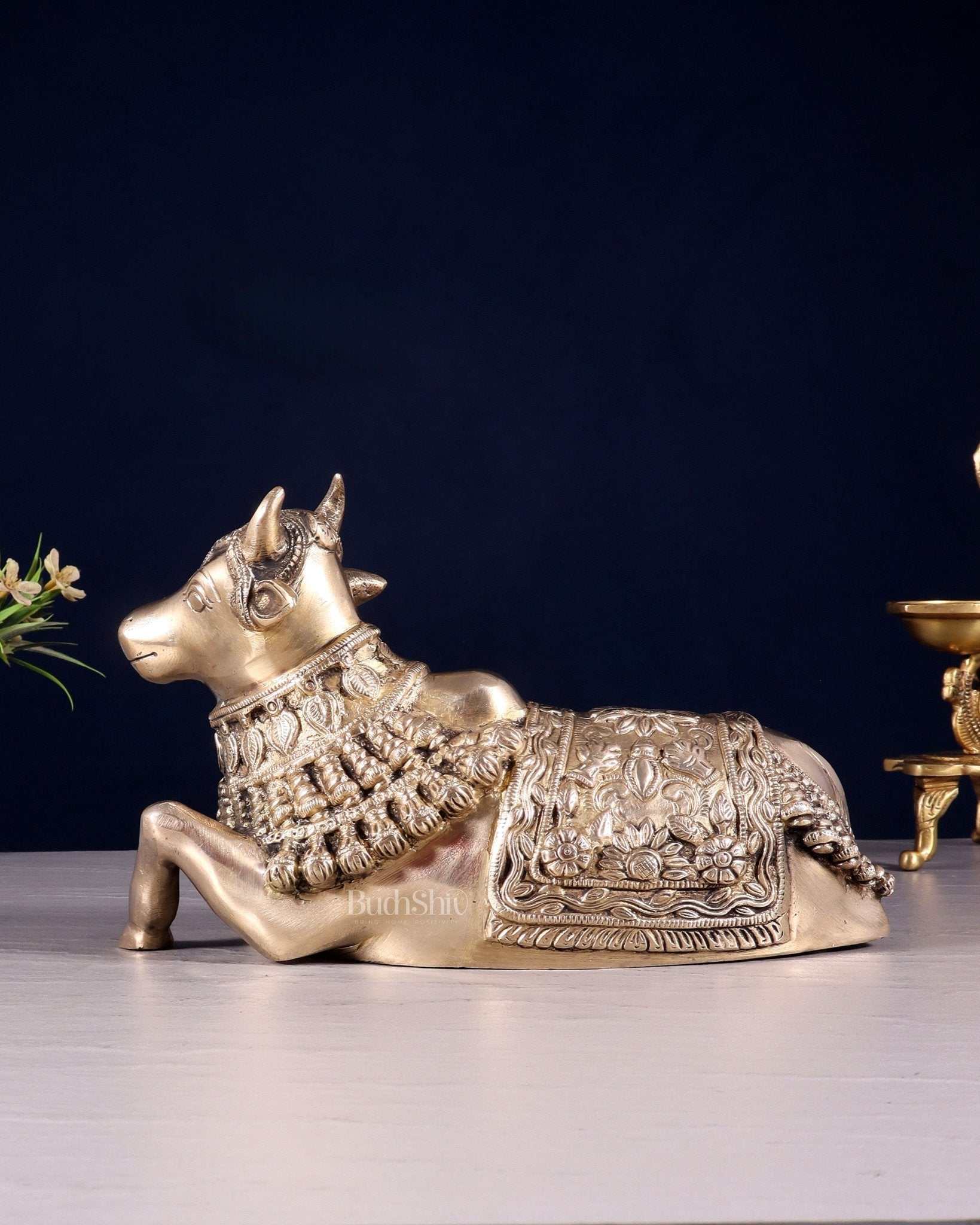 Pure Brass Engraved Nandi Statue – 10" Glossy - Budhshiv.com