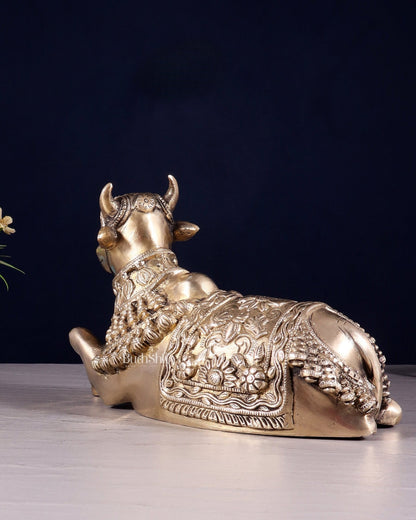 Pure Brass Engraved Nandi Statue – 10" Glossy - Budhshiv.com