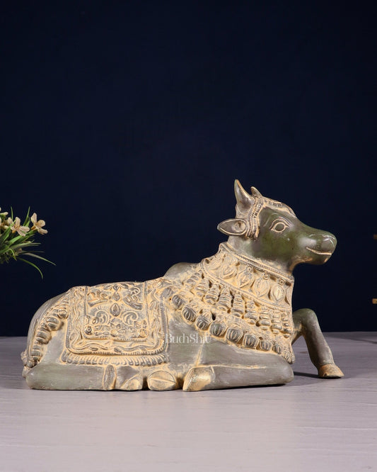 Pure Brass Engraved Nandi Statue – 10" Green Sand Patina - Budhshiv.com