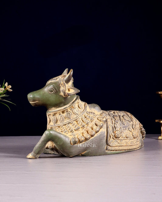 Pure Brass Engraved Nandi Statue – 10" Green Sand Patina - Budhshiv.com