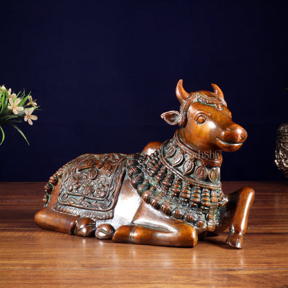 Pure Brass Engraved Nandi Statue – 10" Rustic brown - Budhshiv.com