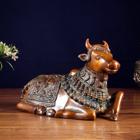 Pure Brass Engraved Nandi Statue – 10" Rustic brown - Budhshiv.com