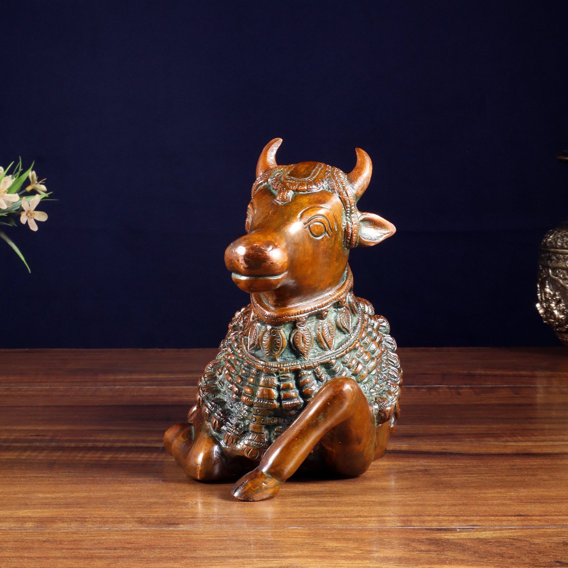Pure Brass Engraved Nandi Statue – 10" Rustic brown - Budhshiv.com