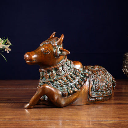 Pure Brass Engraved Nandi Statue – 10" Rustic brown - Budhshiv.com