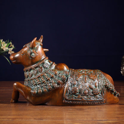 Pure Brass Engraved Nandi Statue – 10" Rustic brown - Budhshiv.com