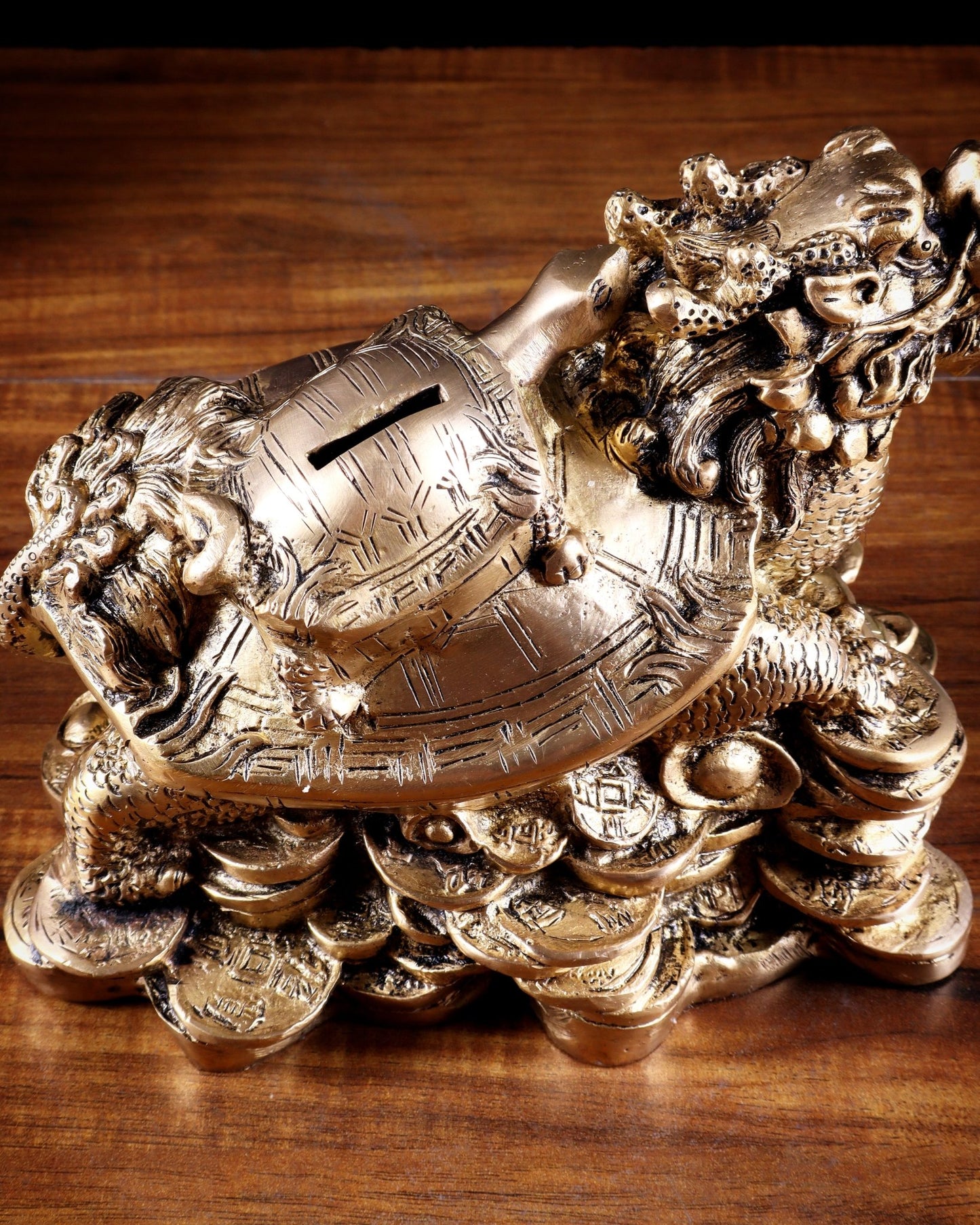 Pure Brass Feng Shui Dragon Tortoise Money Bank 8.5" - Budhshiv.com