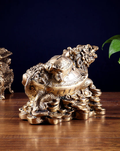 Pure Brass Feng Shui Dragon Tortoise Money Bank 8.5" - Budhshiv.com