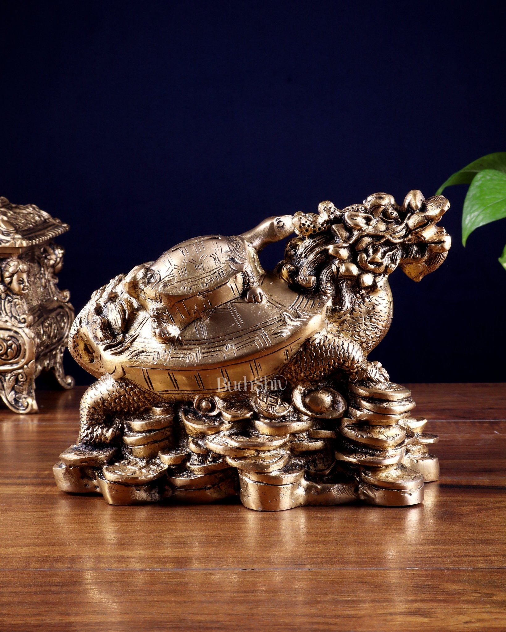 Pure Brass Feng Shui Dragon Tortoise Money Bank 8.5" - Budhshiv.com