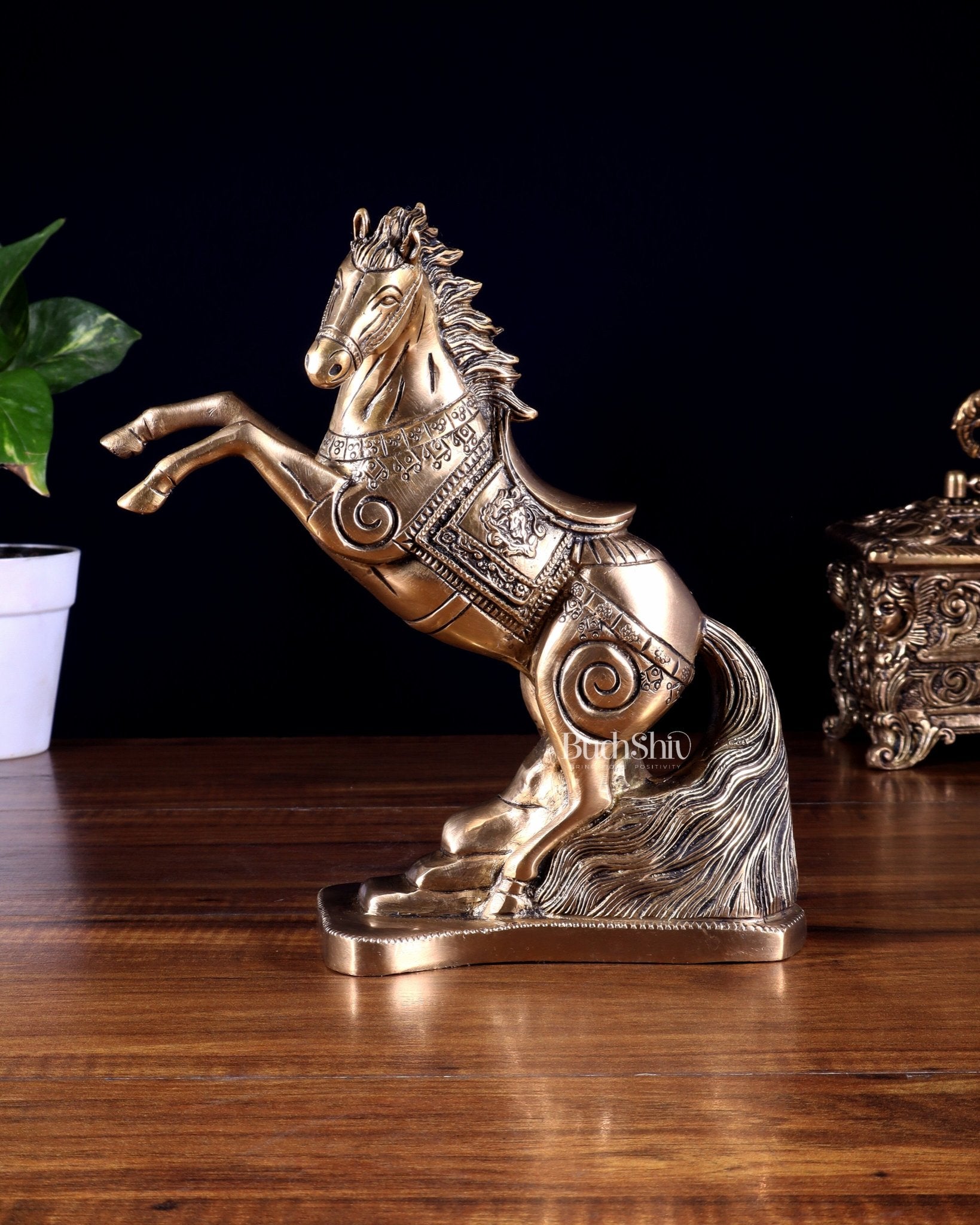 Pure Brass Feng Shui Horse with Raised Legs – 8.5 Inch | Vastu Good Luck statue - Budhshiv.com