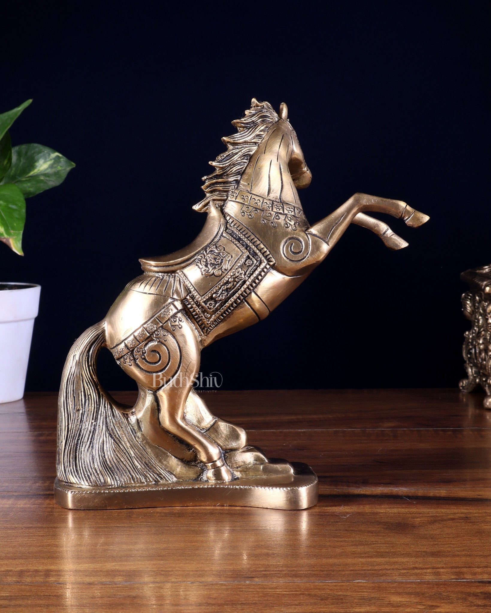 Pure Brass Feng Shui Horse with Raised Legs – 8.5 Inch | Vastu Good Luck statue - Budhshiv.com