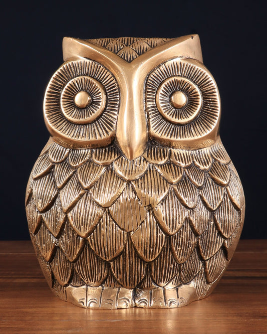 Pure Brass Finely Carved Large Owl Statue – 7" x 6" x 5" | Feng Shui & Vastu Approved - Budhshiv.com