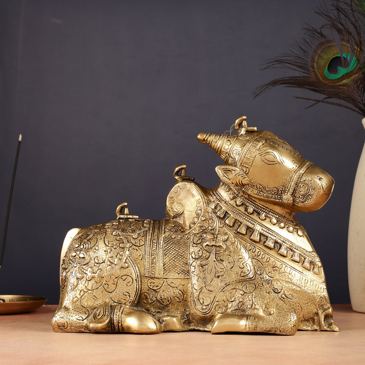 Pure Brass Fully Carved Nandi Statue - 8" matte gold - Budhshiv.com