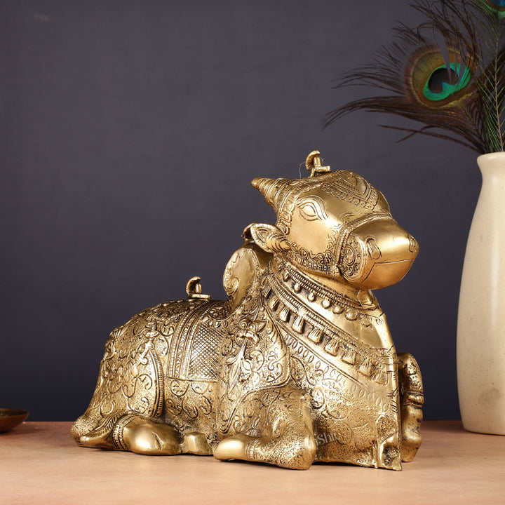 Pure Brass Fully Carved Nandi Statue - 8" matte gold - Budhshiv.com