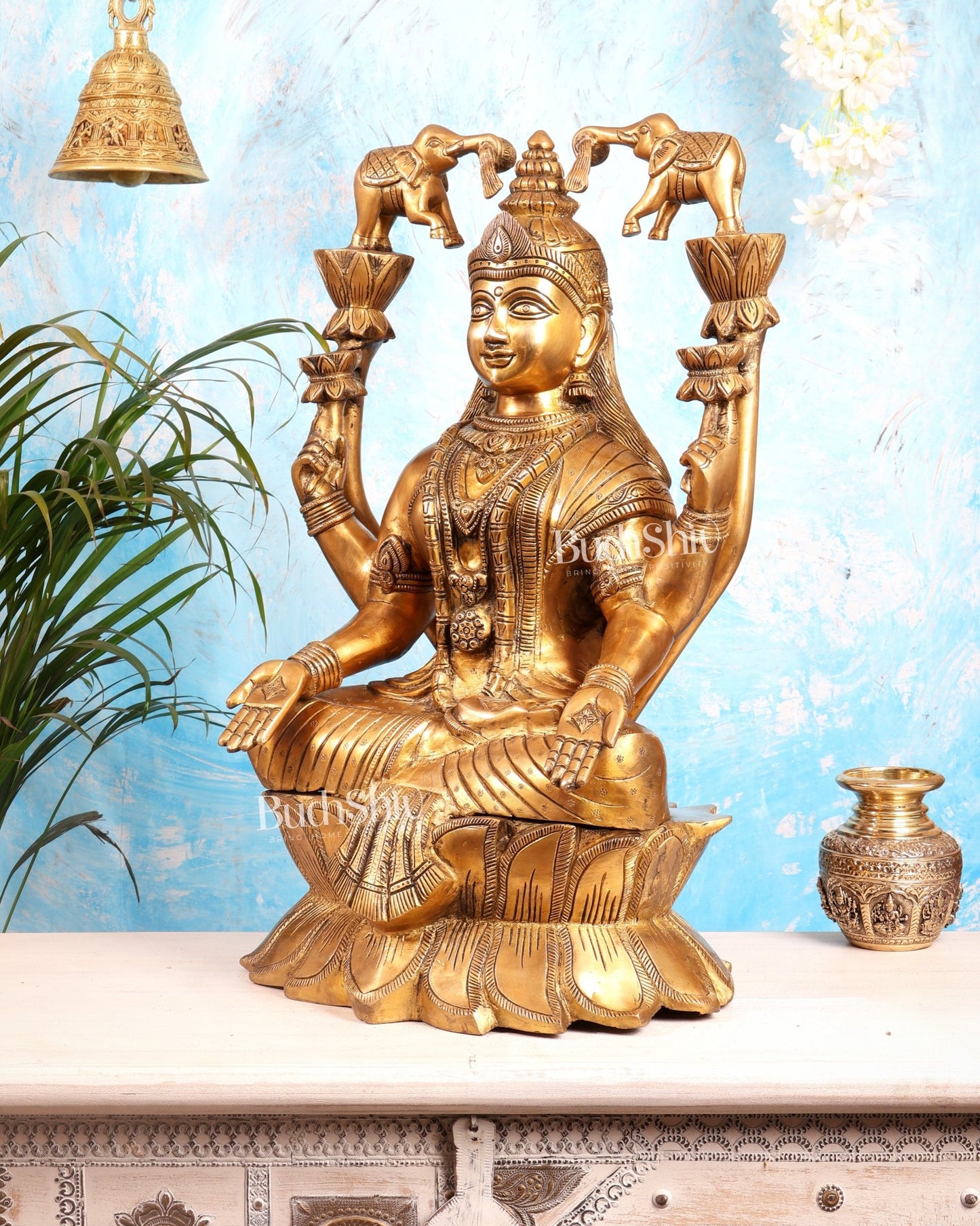 Pure Brass Gaja Lakshmi Statue | 24" Large Temple Idol, 29 kg - Budhshiv.com