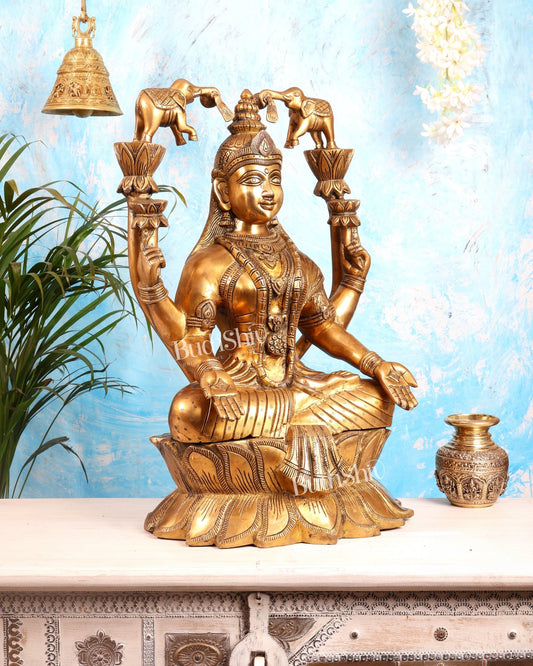 Pure Brass Gaja Lakshmi Statue | 24" Large Temple Idol, 29 kg - Budhshiv.com