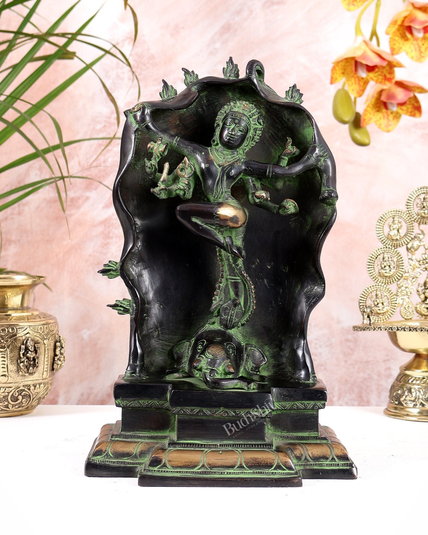 Pure Brass Gajasurasamhara Shiva Idol dancing shiva Black and Green Finish - Budhshiv.com