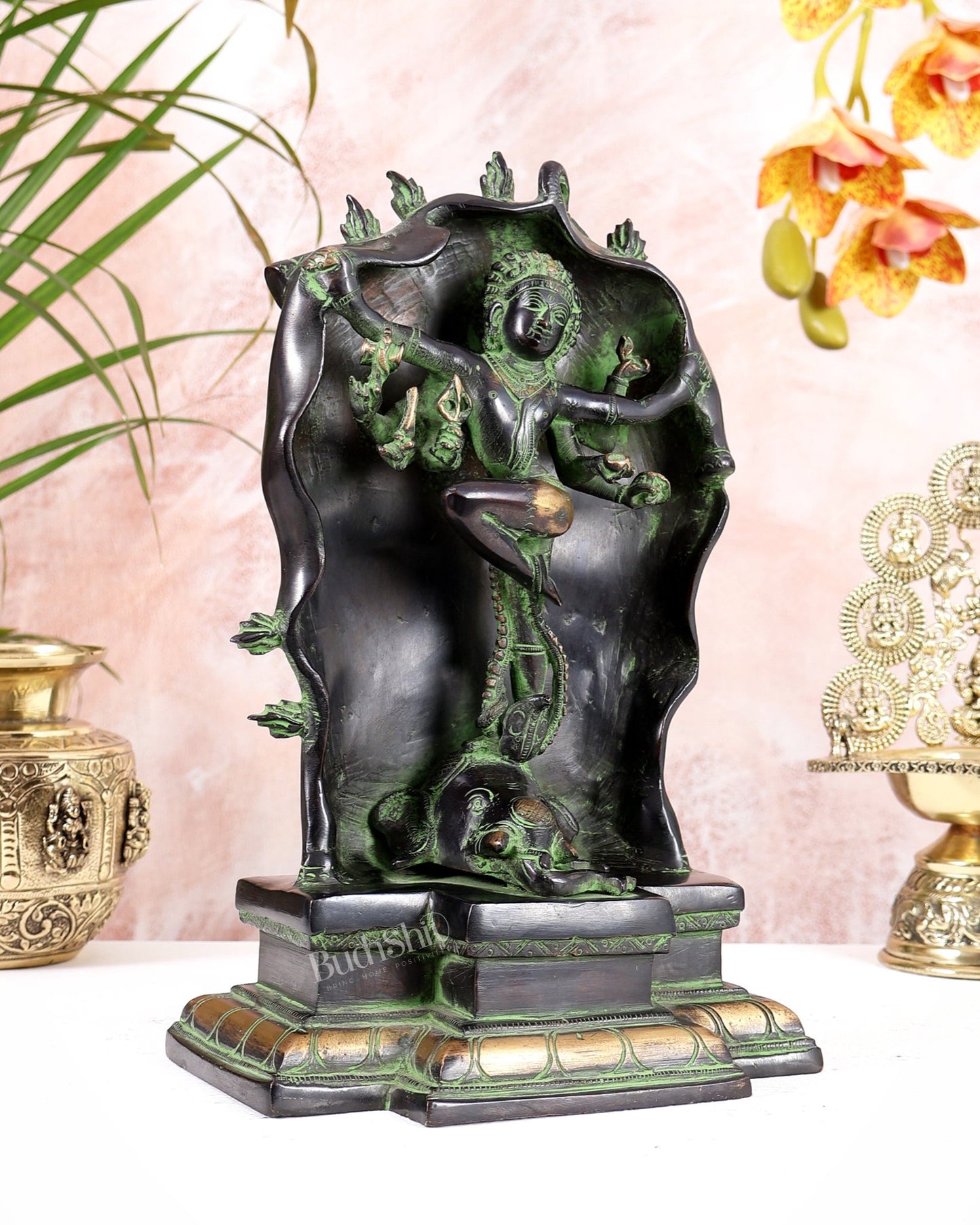 Pure Brass Gajasurasamhara Shiva Idol dancing shiva Black and Green Finish - Budhshiv.com
