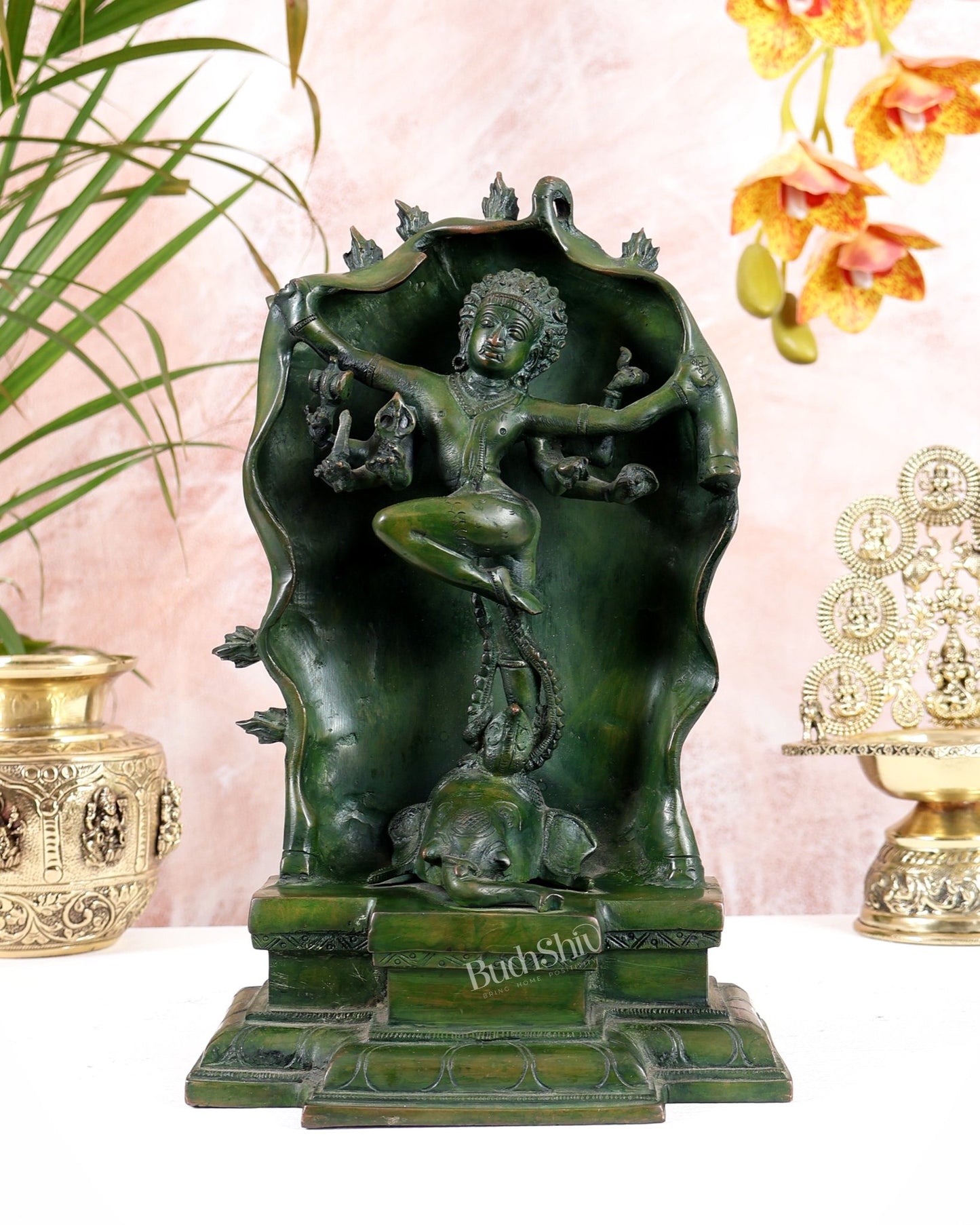 Pure Brass Gajasurasamhara Shiva Idol dancing shiva Green Finish - Budhshiv.com