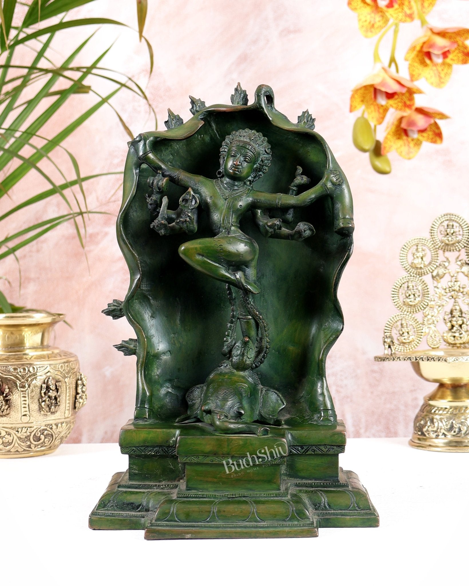Pure Brass Gajasurasamhara Shiva Idol dancing shiva Green Finish - Budhshiv.com