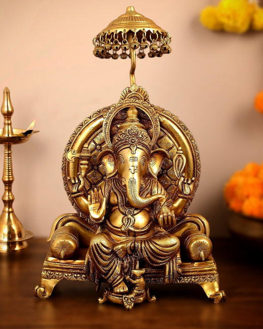 Pure Brass Ganapati Statue - 18 Inches | Ganesha on Royal Throne - Budhshiv.com