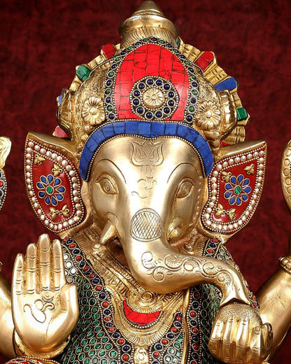 Pure Brass Ganapati Statue multicolour work 15" - Budhshiv.com