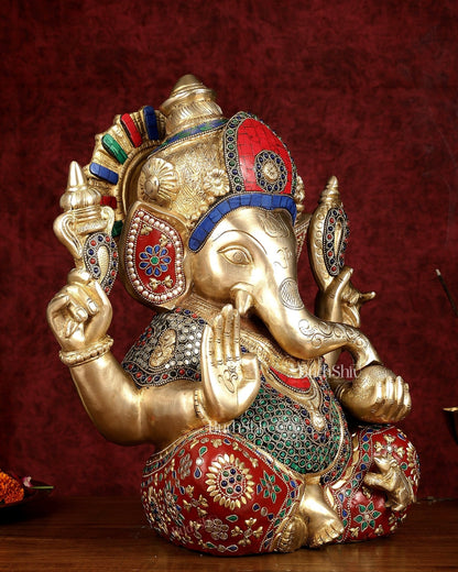 Pure Brass Ganapati Statue multicolour work 15" - Budhshiv.com