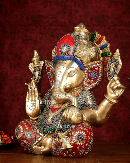Pure Brass Ganapati Statue multicolour work 15" - Budhshiv.com