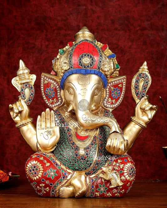 Pure Brass Ganapati Statue multicolour work 15" - Budhshiv.com