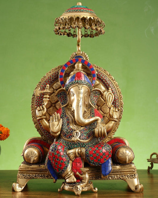 Pure Brass Ganapati Statue with Natural Stones – 18 Inches Tall - Budhshiv.com