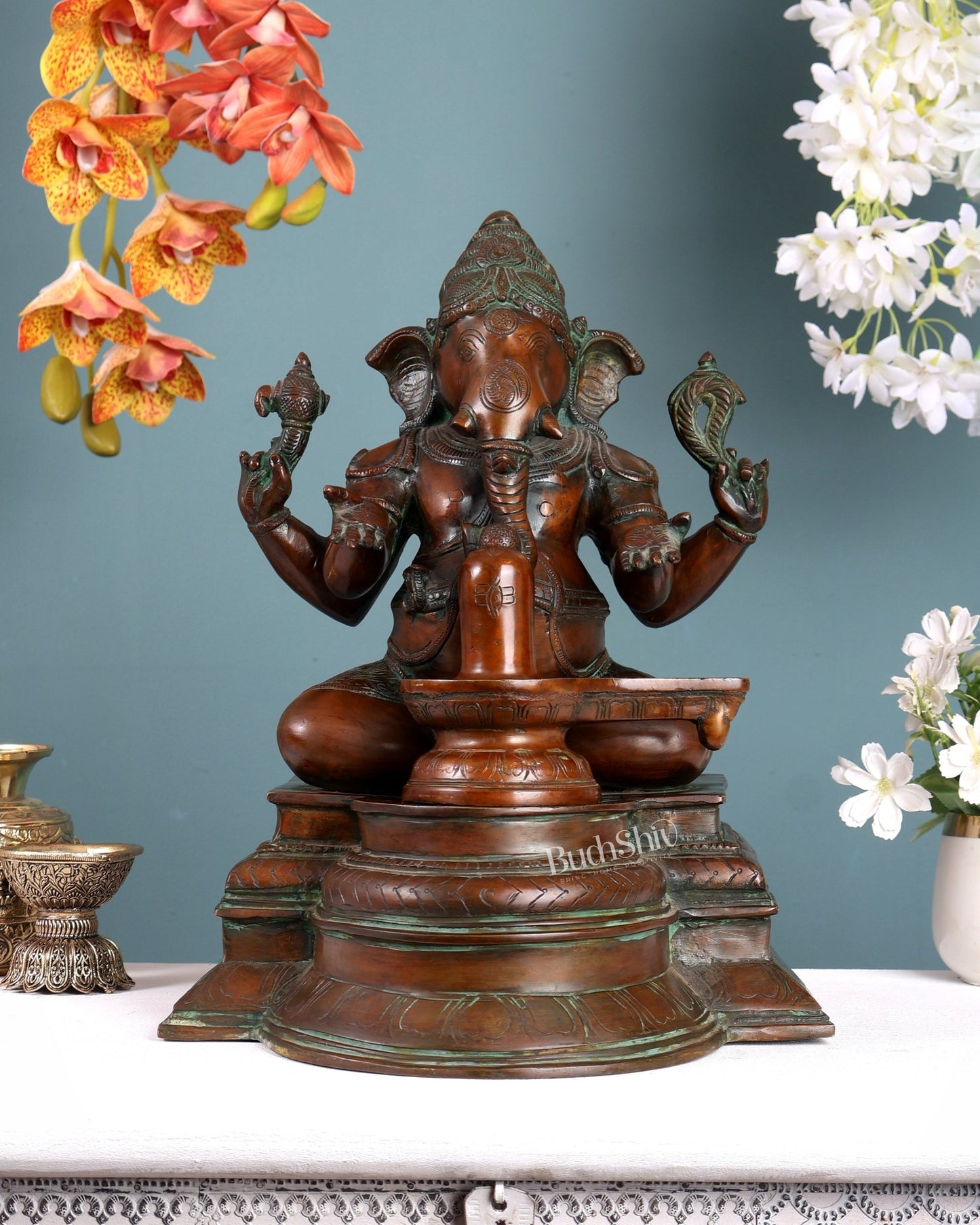 Pure Brass Ganapati with Shiv Ling Statue 14.5 Inch - Budhshiv.com