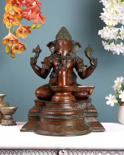 Pure Brass Ganapati with Shiv Ling Statue 14.5 Inch - Budhshiv.com