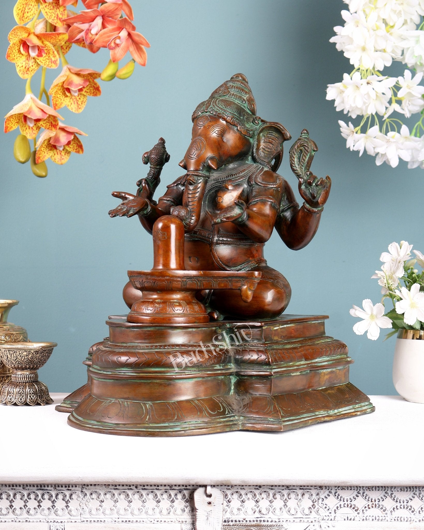 Pure Brass Ganapati with Shiv Ling Statue 14.5 Inch - Budhshiv.com