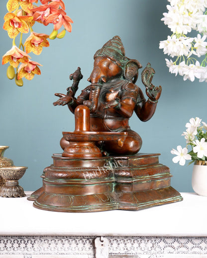 Pure Brass Ganapati with Shiv Ling Statue 14.5 Inch - Budhshiv.com