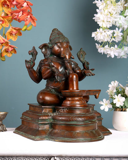 Pure Brass Ganapati with Shiv Ling Statue 14.5 Inch - Budhshiv.com