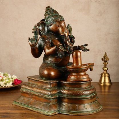 Pure Brass Ganapati with Shiv Ling Statue | Antique Bronze Finish | 14.5 Inch - Budhshiv.com