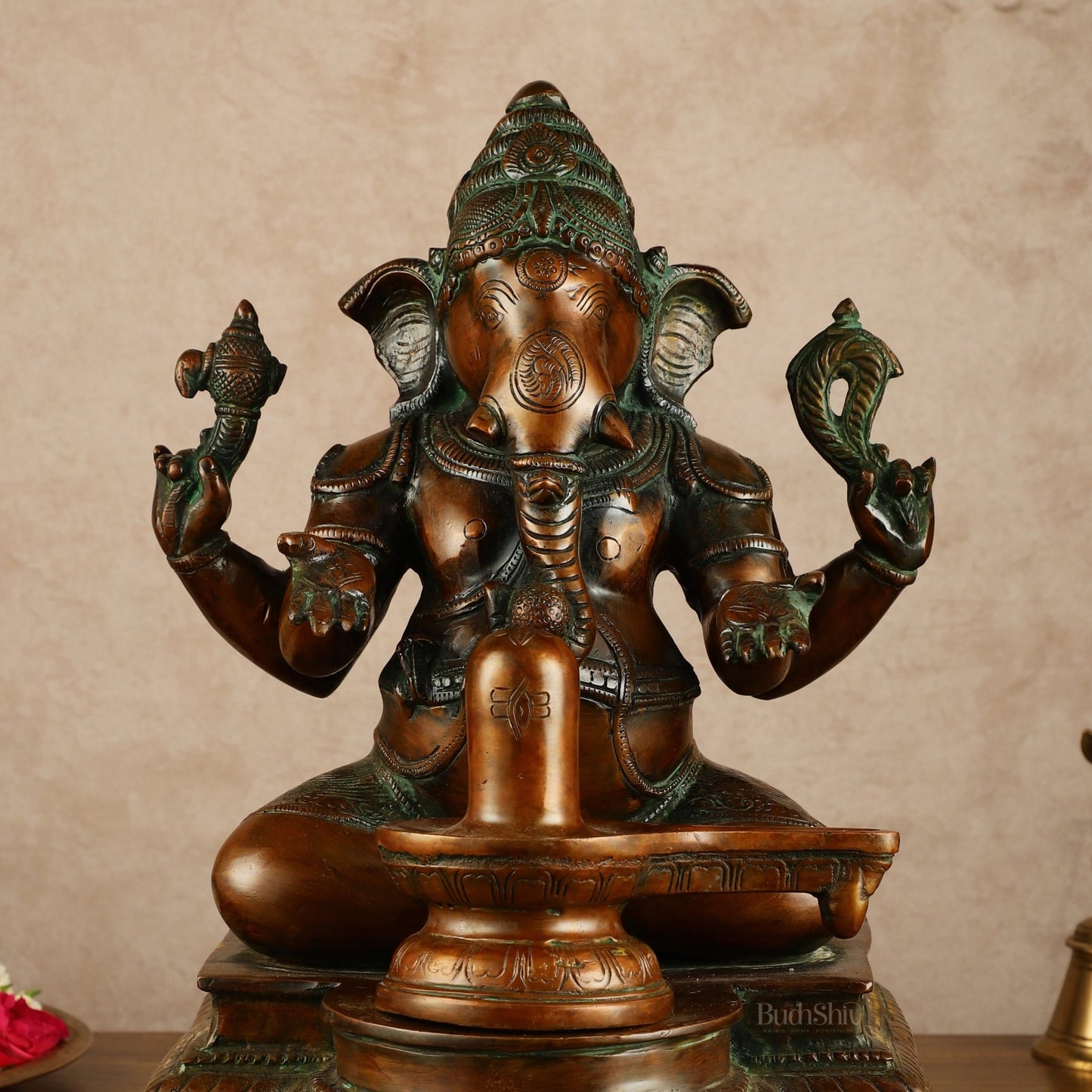 Pure Brass Ganapati with Shiv Ling Statue | Antique Bronze Finish | 14.5 Inch - Budhshiv.com