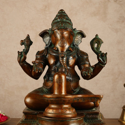 Pure Brass Ganapati with Shiv Ling Statue | Antique Bronze Finish | 14.5 Inch - Budhshiv.com